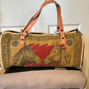 Equestrian Print Duffel Bag with Tan Handles